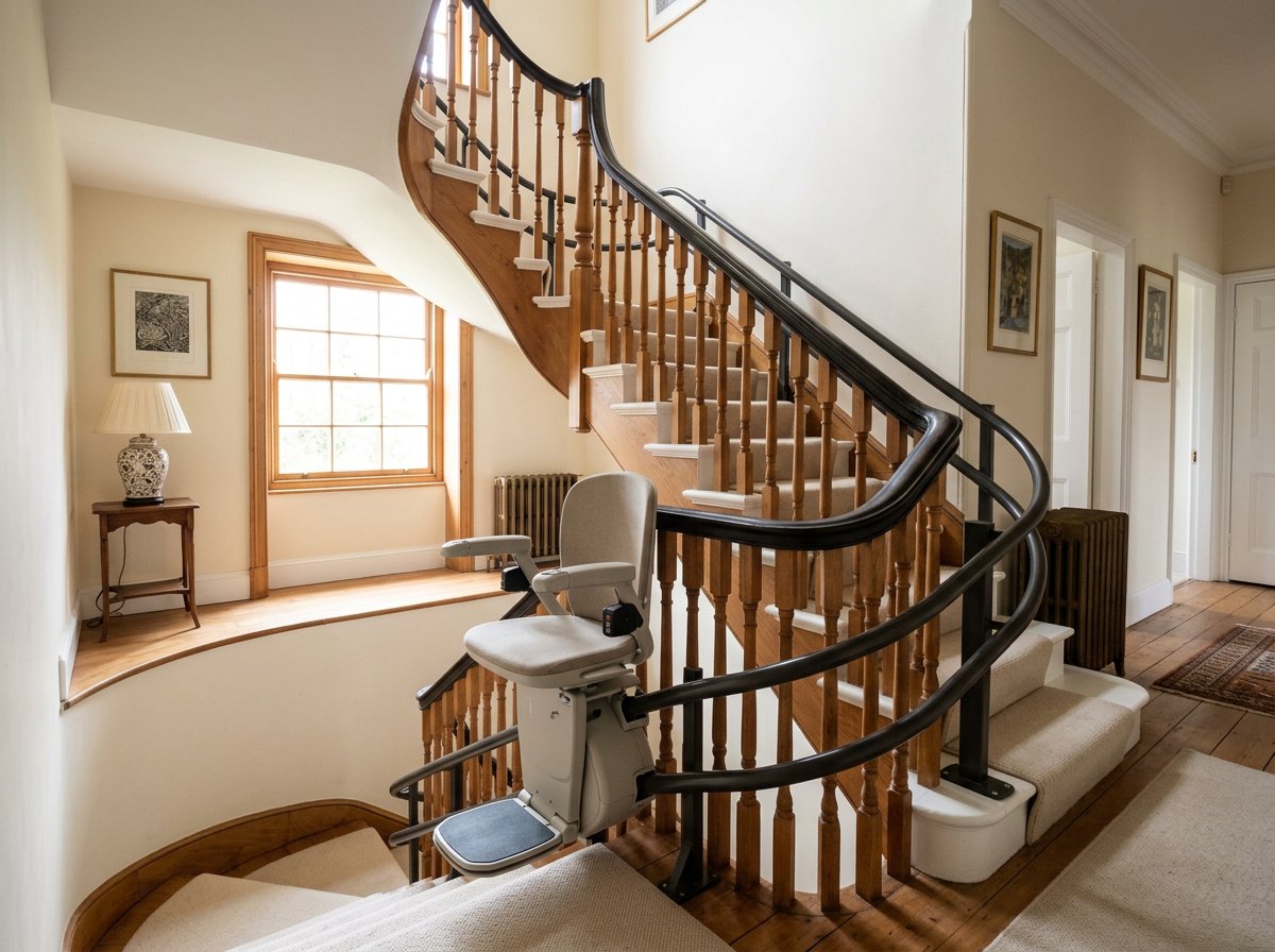 Curved stairlift rail following a turned staircase