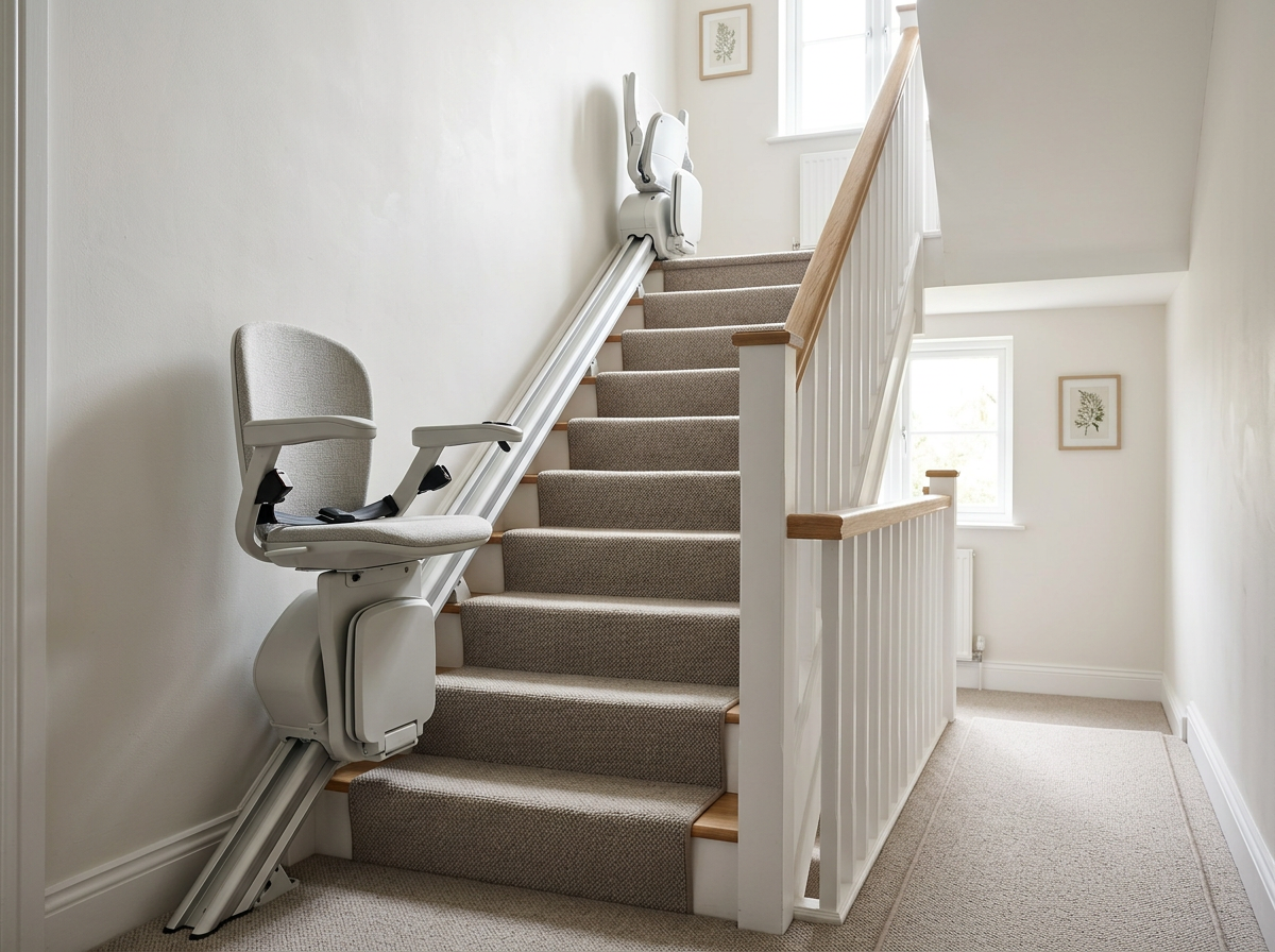 Straight stairlift fitted along a single flight of stairs